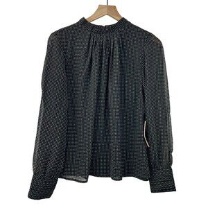 HALOGEN Womens Medium Sheer Black/White Polka Dot blouse High neck Long sleeves